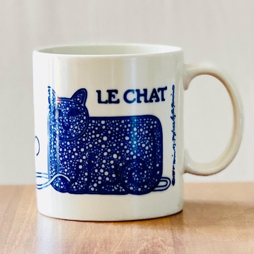 Vintage Taylor & Ng Le Chat Cat Coffee Mug 1978 Blue / White HTF, Cat Mouse Yarn